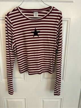 Kids Burgundy and White Striped Long Sleeve Top with Black Star Accent